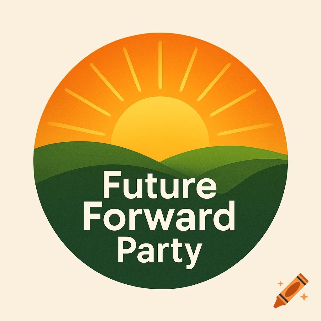 A circular logo featuring a vibrant orange rising sun over deep green rolling hills. The text "Future Forward Party" is prominently displayed in white, centered over the hills.