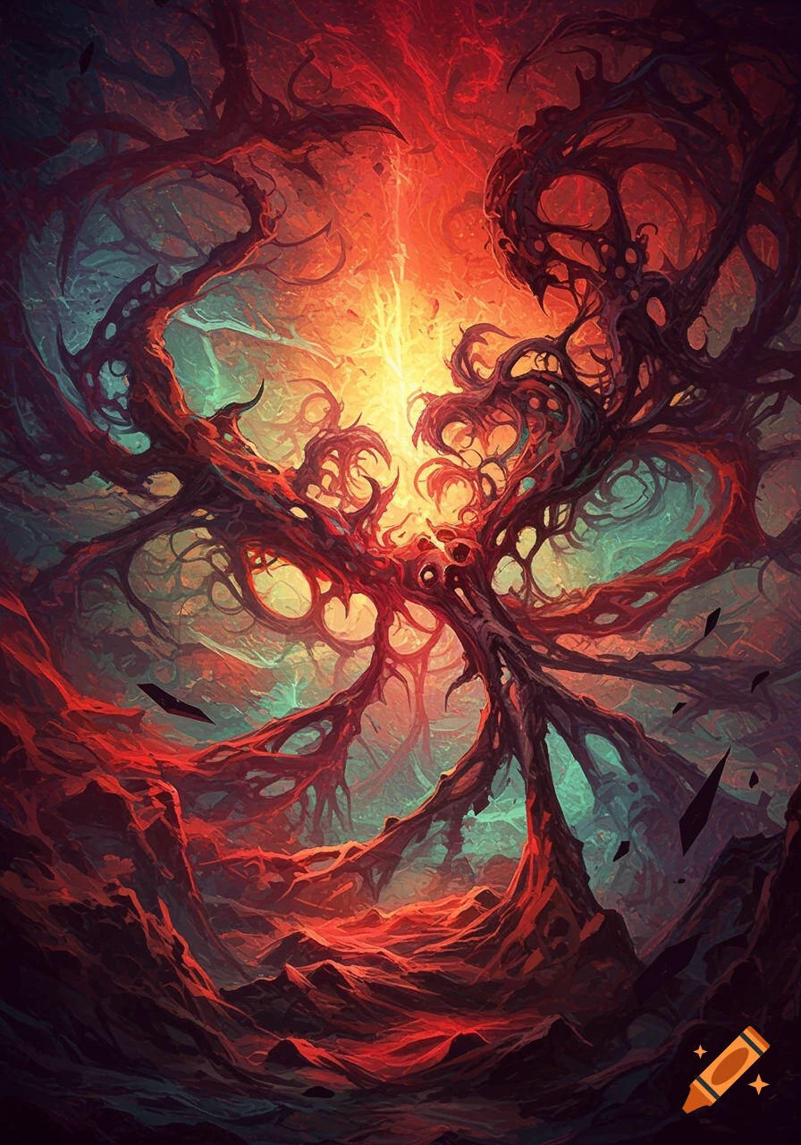 Abstract dark fantasy hellscape with twisted, veiny structures bathed in a fiery orange glow.