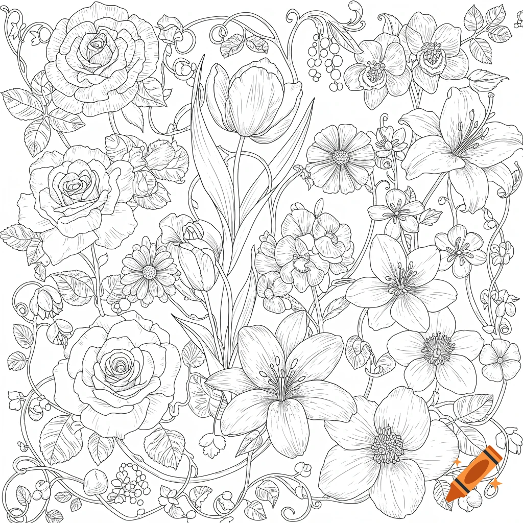 Detailed black and white line drawing of various flowers and foliage, styled as a coloring book page.