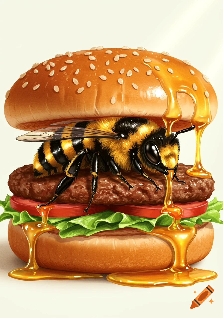 A photorealistic image of a large, fluffy bumblebee serving as the patty in a sesame seed burger, with honey dripping down the sides.