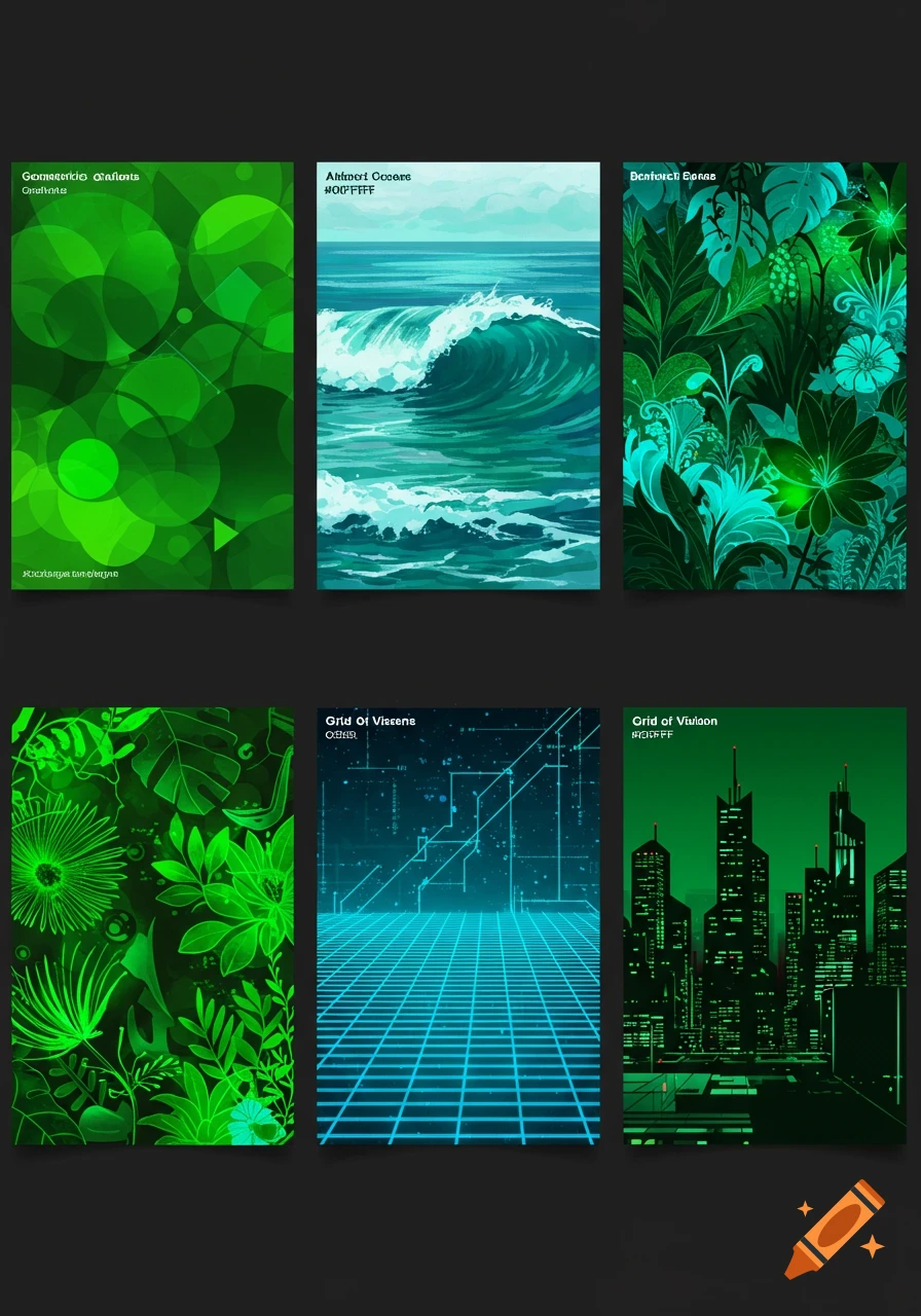 Six distinct conceptual designs displayed as posters. Top row: green geometric shapes, ocean wave, and dense green foliage. Bottom row: more green foliage, blue glowing grid, and green cityscape silhouettes.