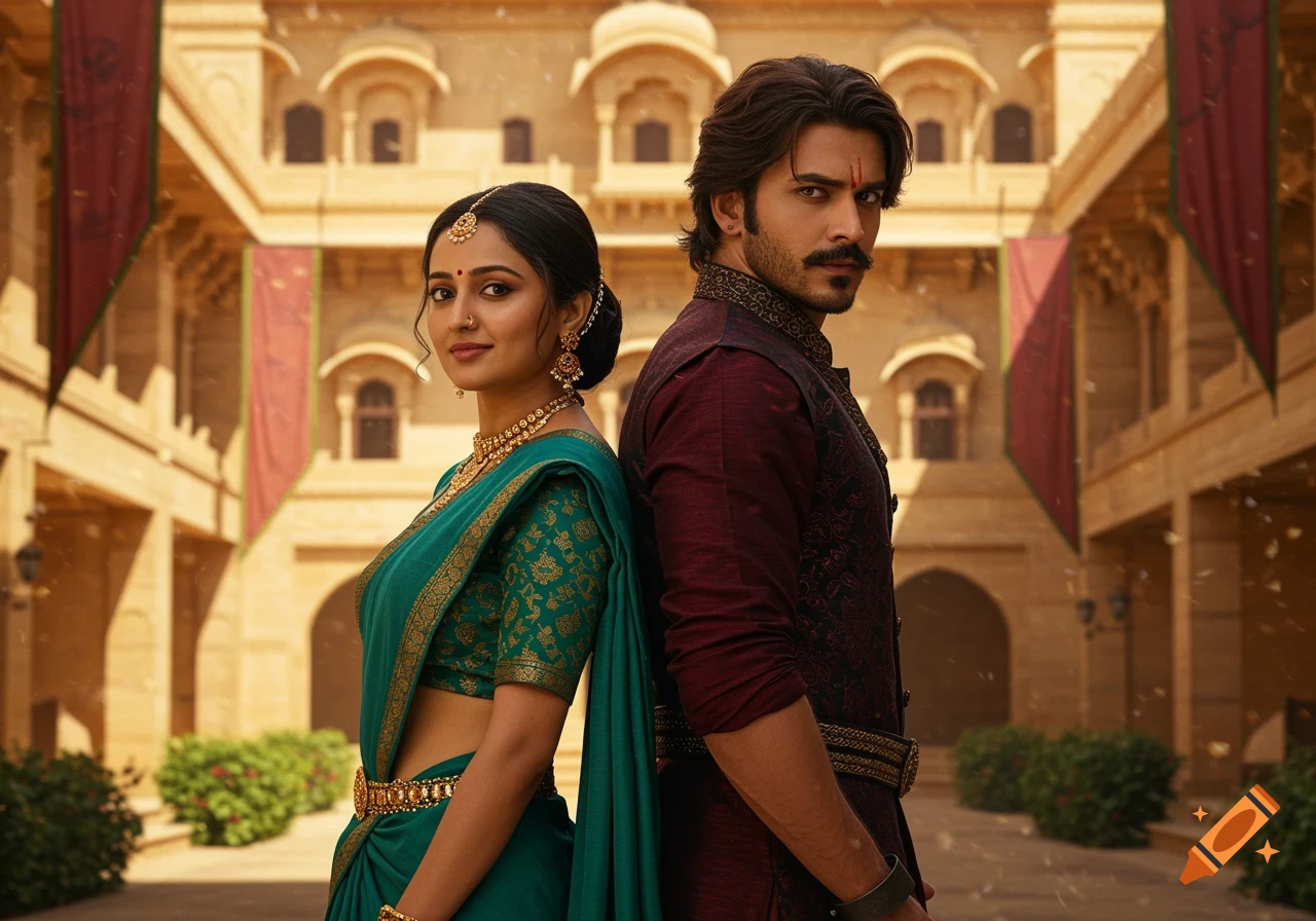 A man and a woman in traditional Indian attire stand back-to-back in a palace courtyard.
