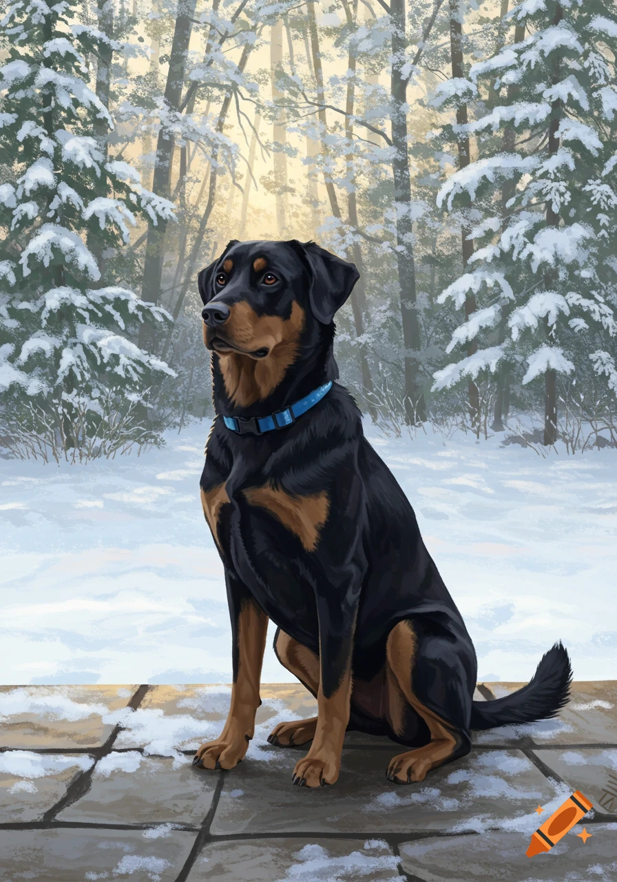 A black and brown dog with a blue collar sits on a snowy patio, gazing into a sunlit, snow-covered forest.