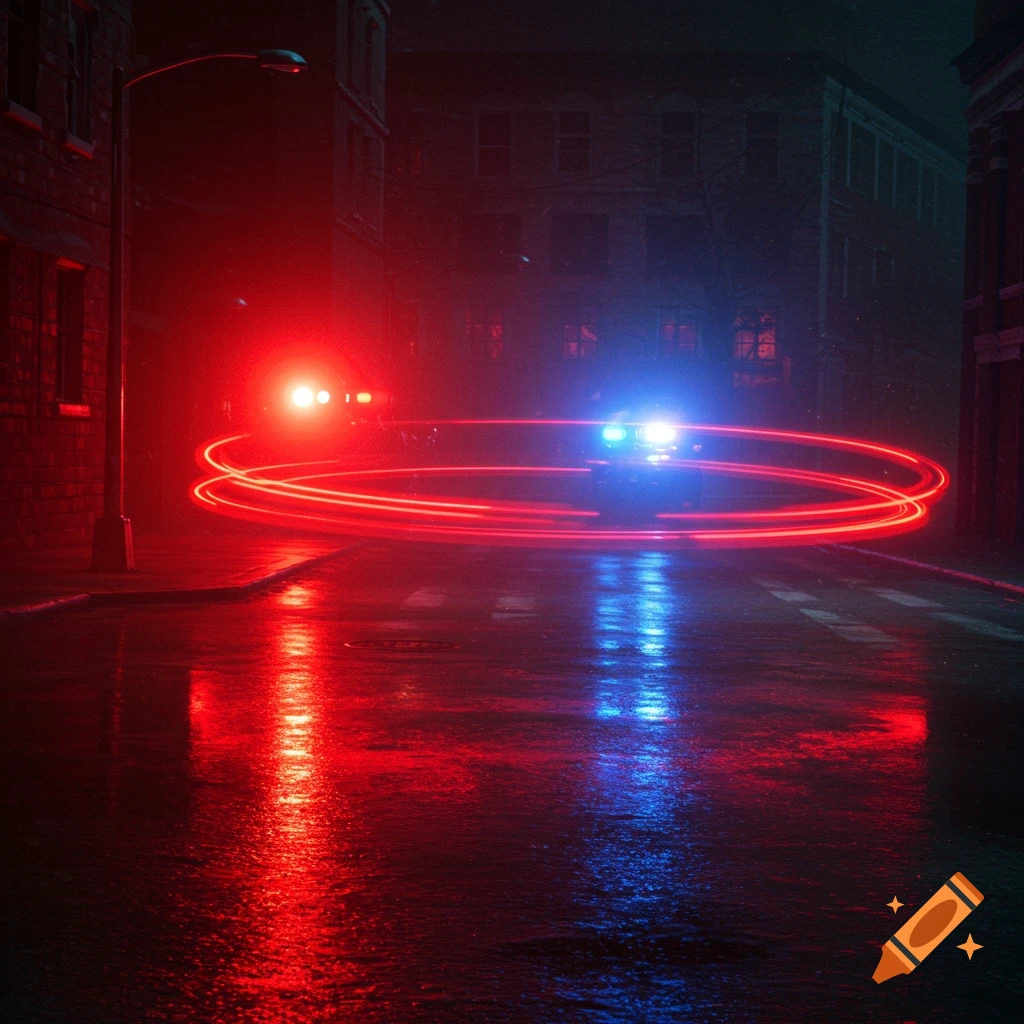 Red and blue police lights reflect on a wet urban street at night, with red light trails looping in the foreground.