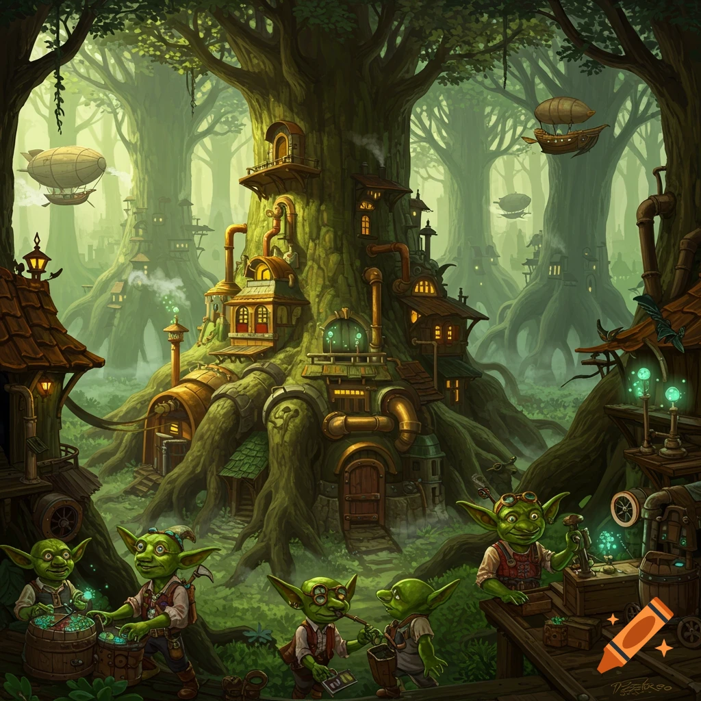 Detailed fantasy illustration of intelligent goblins living in steampunk-inspired treehouses within a vibrant green forest, with airships overhead.