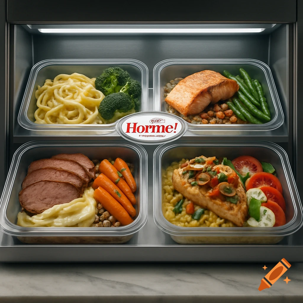 Four gourmet prepared meals: pasta & broccoli, salmon & green beans, sliced meat & carrots, chicken & rice, in clear containers in a refrigerator display, with a "Horme!" logo.
