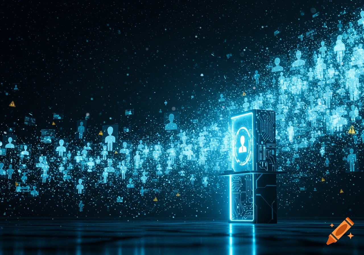 Abstract digital art showing a glowing central module amidst countless shimmering blue user icons and particles in a dark, tech-themed space.