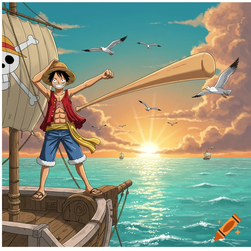 Luffy from One Piece stands on a ship, holding a baseball bat, with seagulls flying over the ocean at sunset.