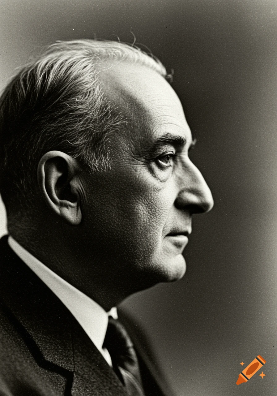 Black and white profile portrait of an older man with graying hair in a suit and tie.