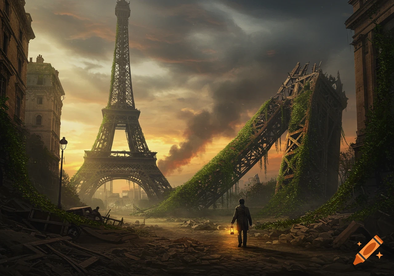 A lone figure with a lantern walks through ruined Paris, with the partially collapsed, vine-covered Eiffel Tower under a dramatic sunset.
