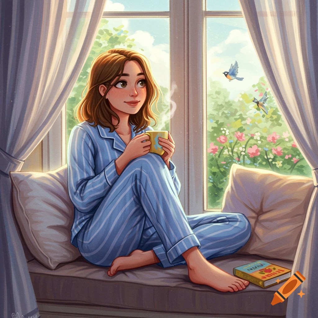 An illustration of a young woman in blue striped pajamas sitting by a window, drinking from a mug and looking at birds outside.