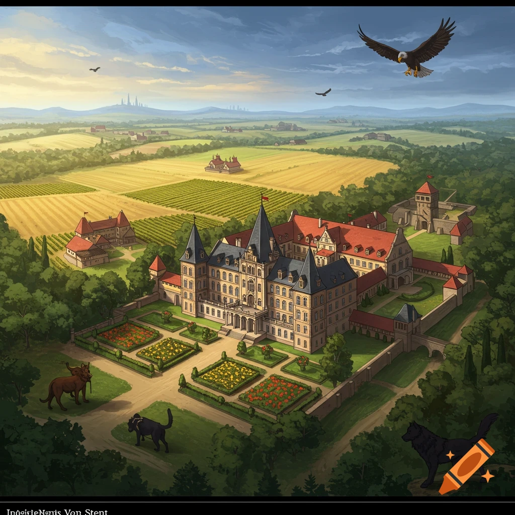An aerial view of a grand European-style manor house with red roofs, surrounded by extensive gardens, vineyards, and fields under a partly cloudy sky, with eagles flying overhead and various animals on the grounds.