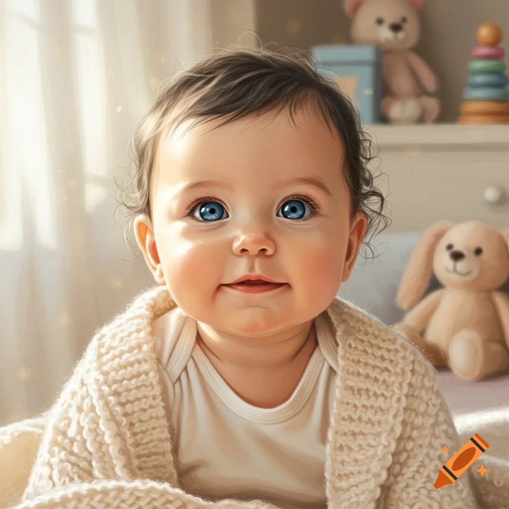 A close-up of a cute baby with bright blue eyes and dark hair, wrapped in a cream knitted blanket, smiling.