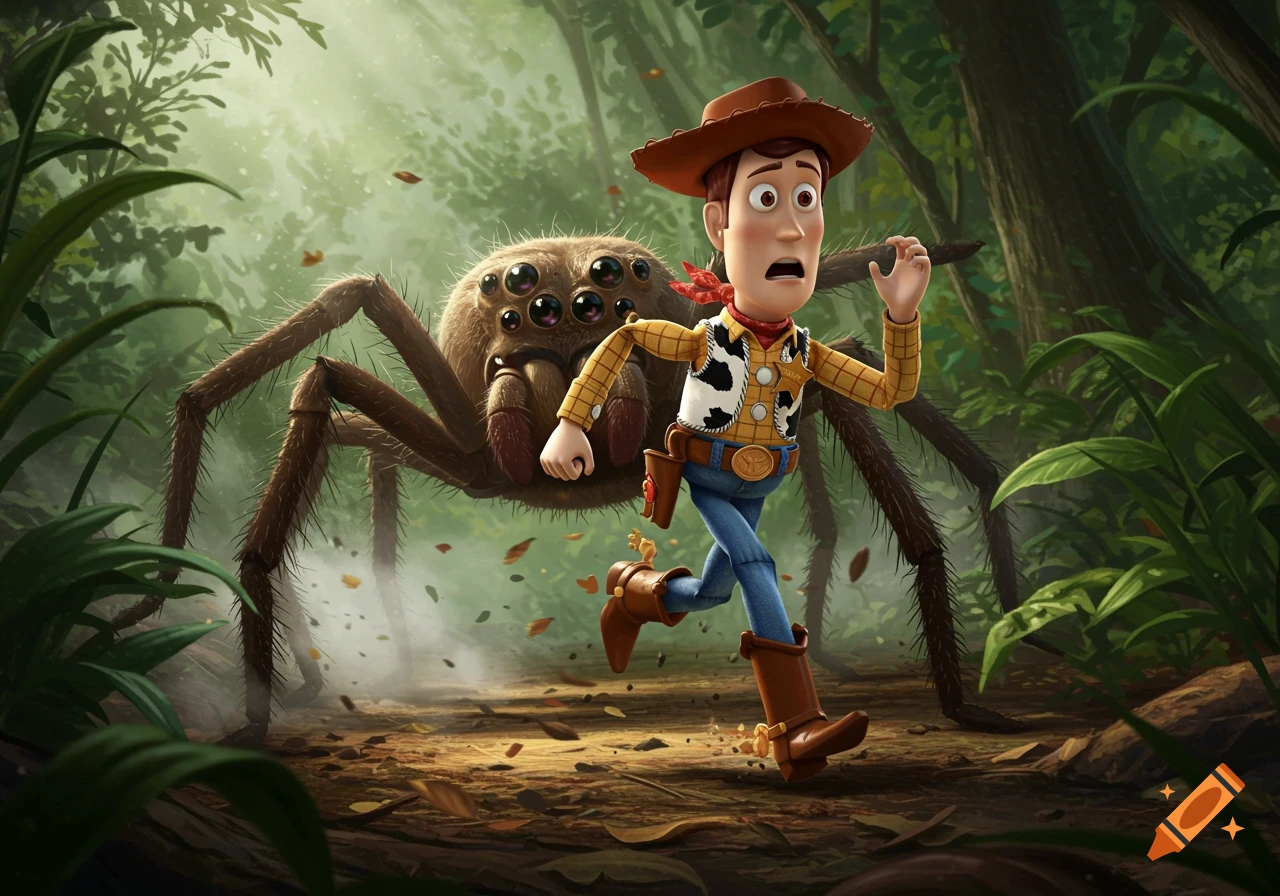 Woody from Toy Story runs in fear from a giant, multi-eyed spider in a lush jungle setting.