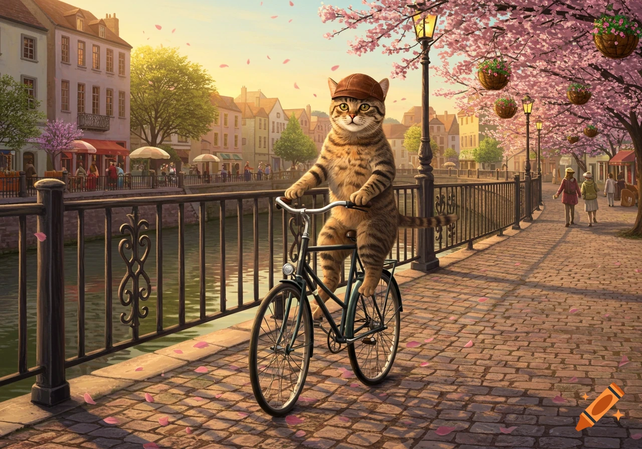 A brown tabby cat wearing a cap rides a bicycle on a cobblestone path next to a canal in a European town with cherry blossoms.