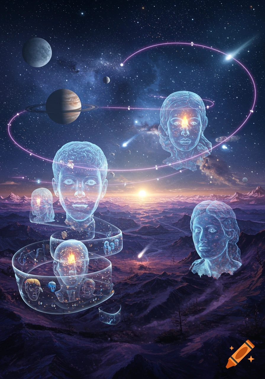 Ethereal glowing human heads and forms float in a cosmic landscape with planets, stars, and a sunset, some intertwined with a spiraling structure.