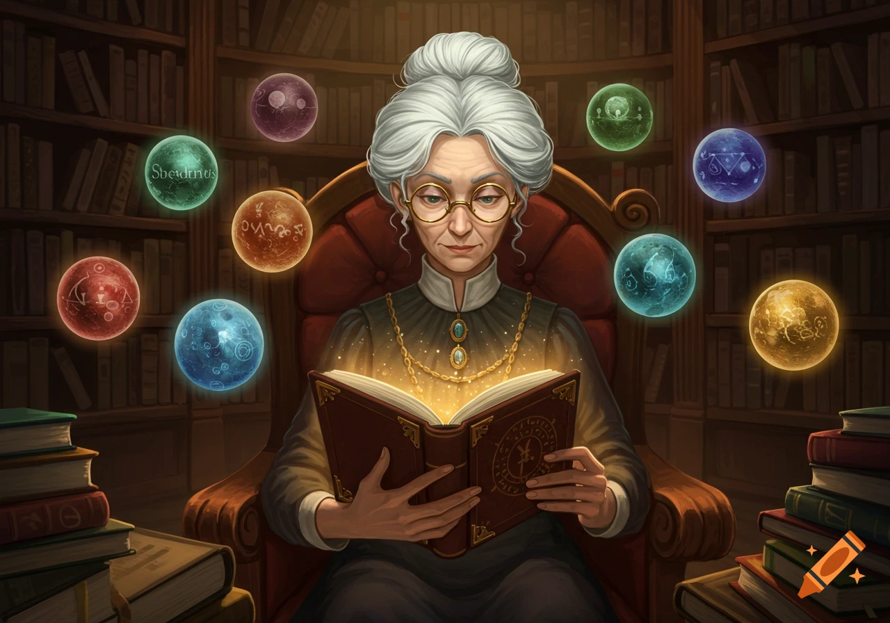 Elderly woman with white hair and glasses reading a glowing book in a library, surrounded by floating magical orbs.