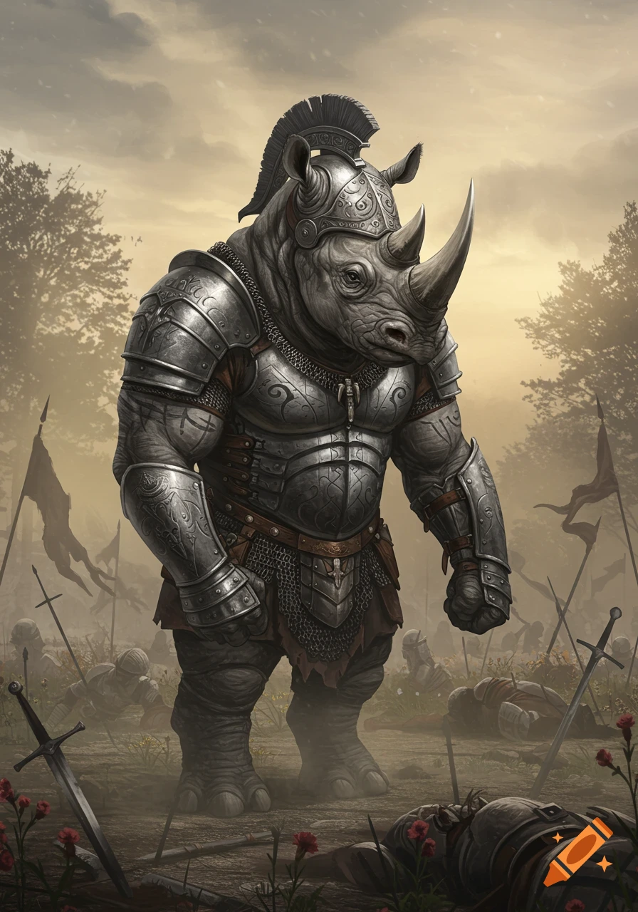 A heavily armored humanoid rhinoceros stands on a battlefield among fallen warriors and swords.
