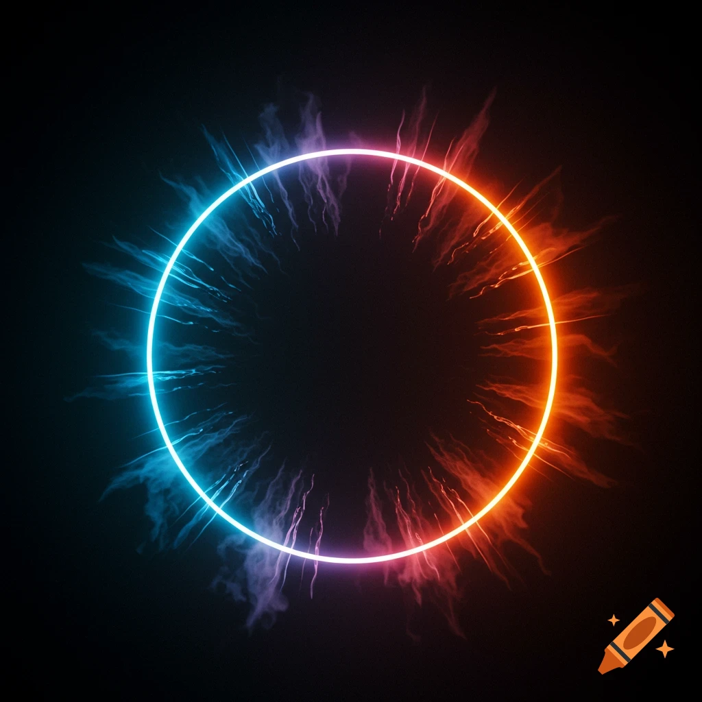 A vibrant neon circle, half blue and half orange, glowing with wisps of smoke and light against a dark background, digital art.