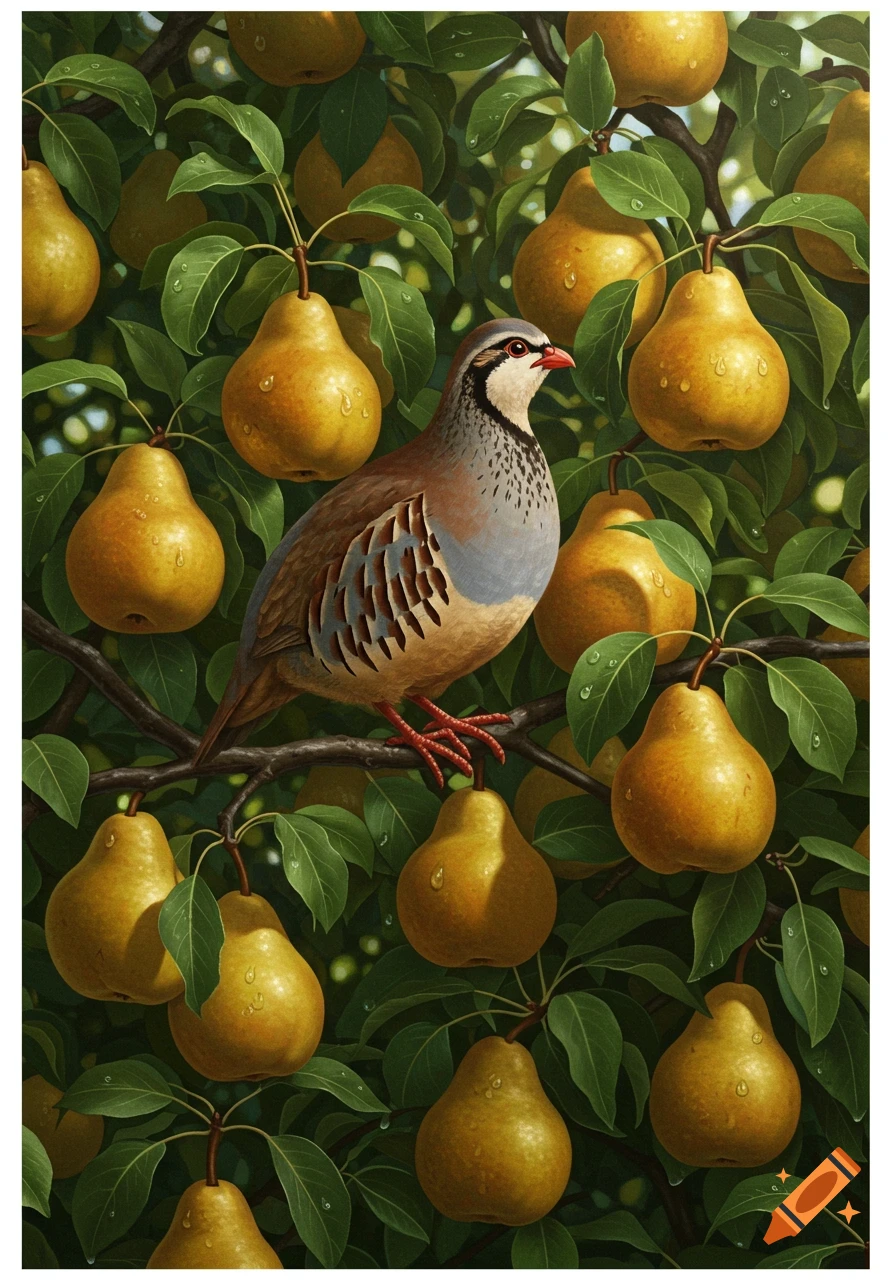 A colorful partridge with brown and grey feathers perched on a branch of a pear tree, surrounded by golden pears with water droplets.
