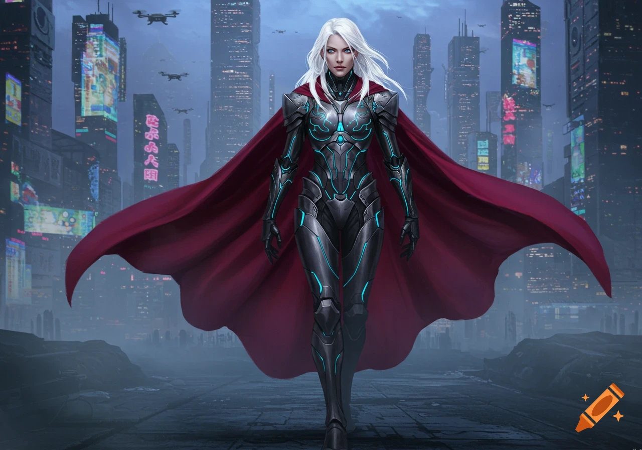 A white-haired warrior woman in sci-fi armor with a red cape stands in a futuristic city.