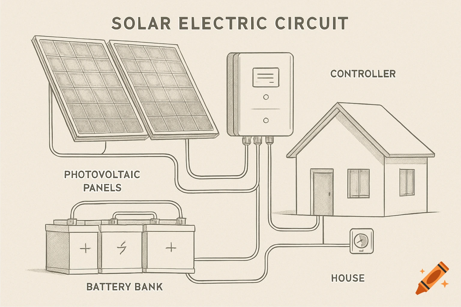 A simple line drawing diagram of a solar electric circuit, showing photovoltaic panels, controller, battery bank, and a house.