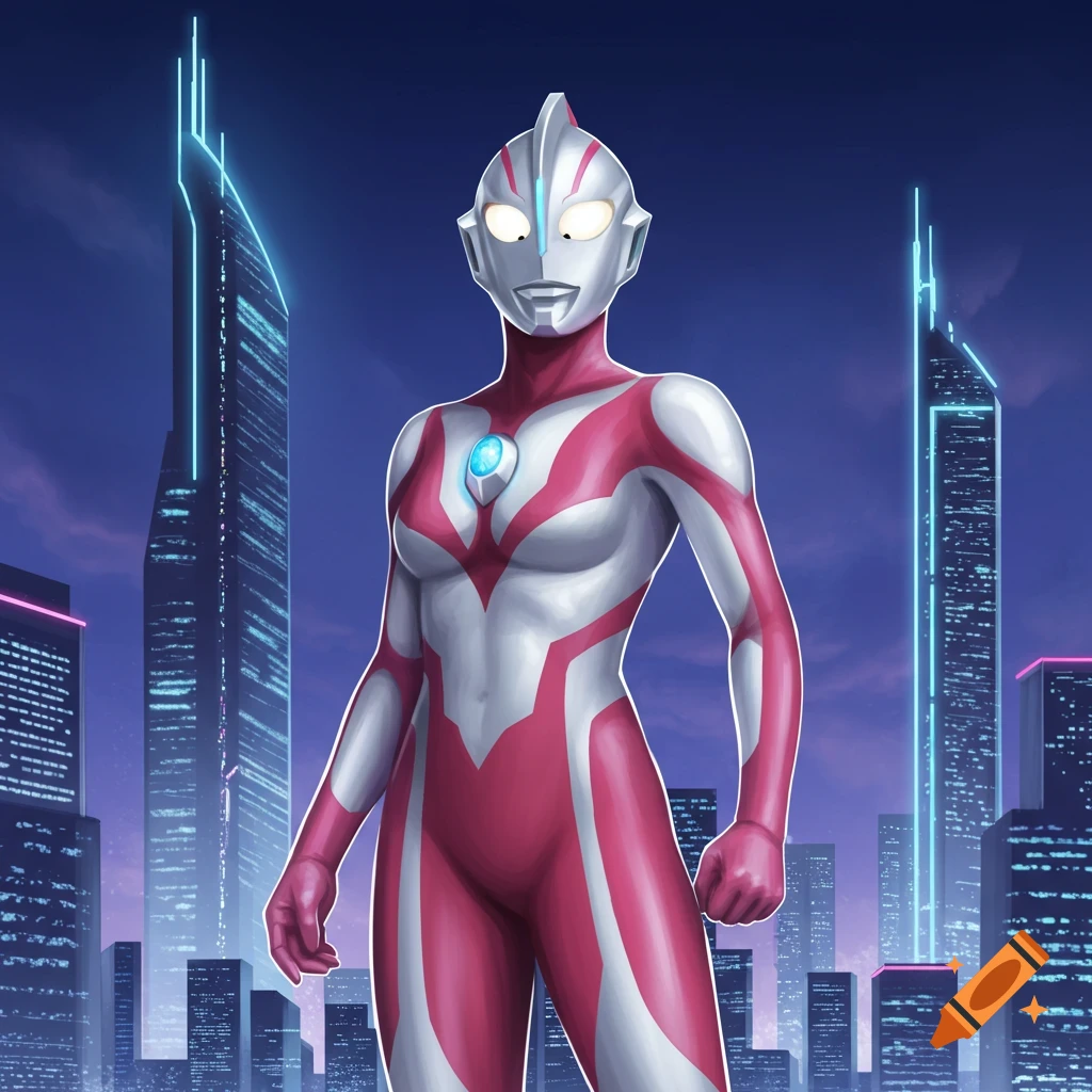 A female Ultraman-like character in a pink and white suit stands in a stylized futuristic city at night.