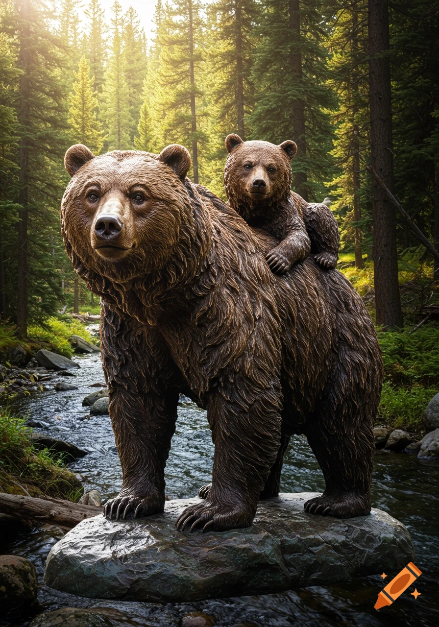 A lifelike bronze statue of a large grizzly bear standing on a rock in a river, with a cub riding on its back, in a lush forest.