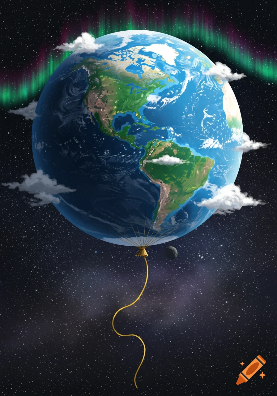Planet Earth depicted as a balloon, tethered and floating in space, with the moon nearby and auroras in the background.