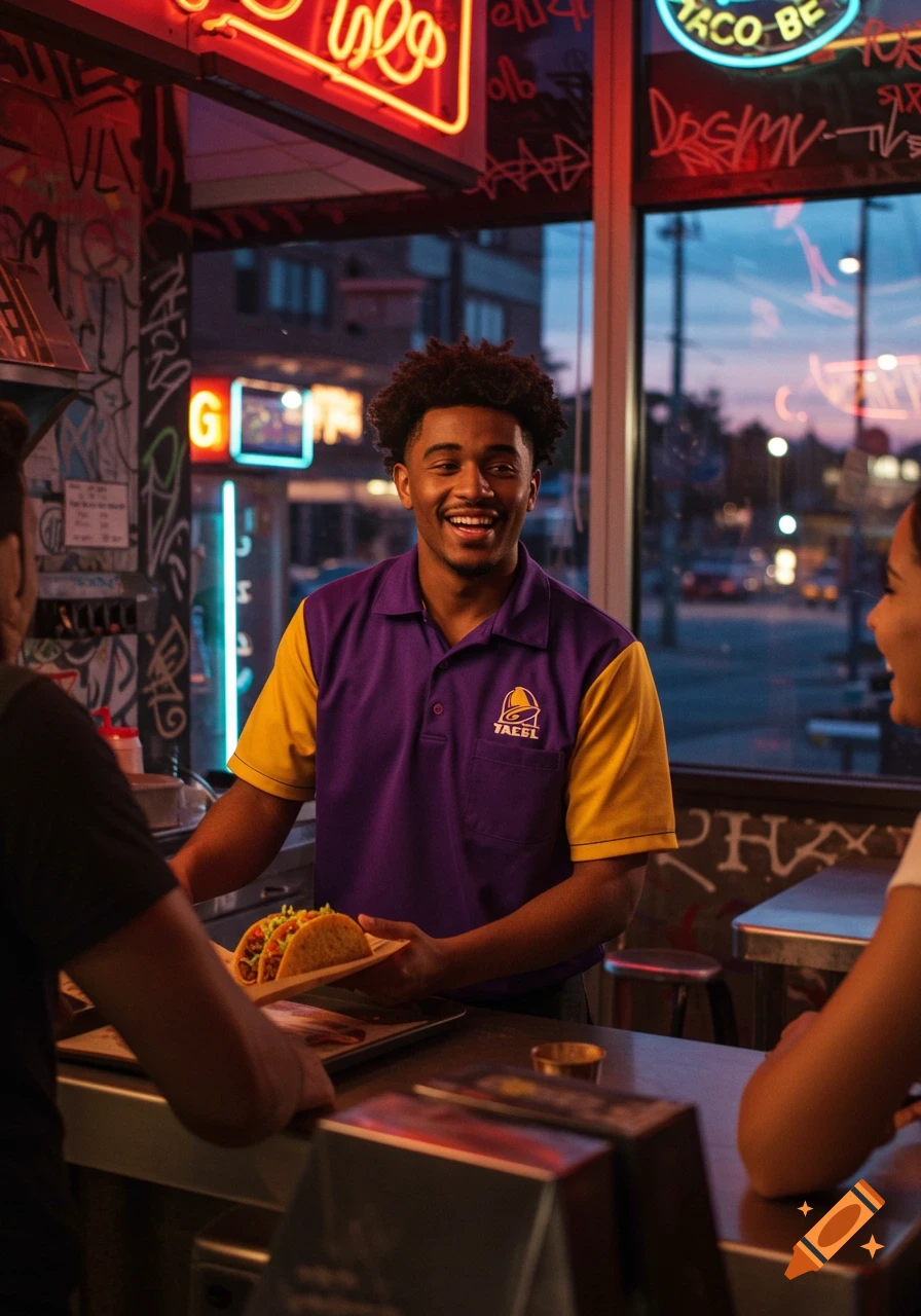 A smiling fast-food worker in a purple and yellow uniform hands a tray of tacos to a customer in a restaurant with neon signs.