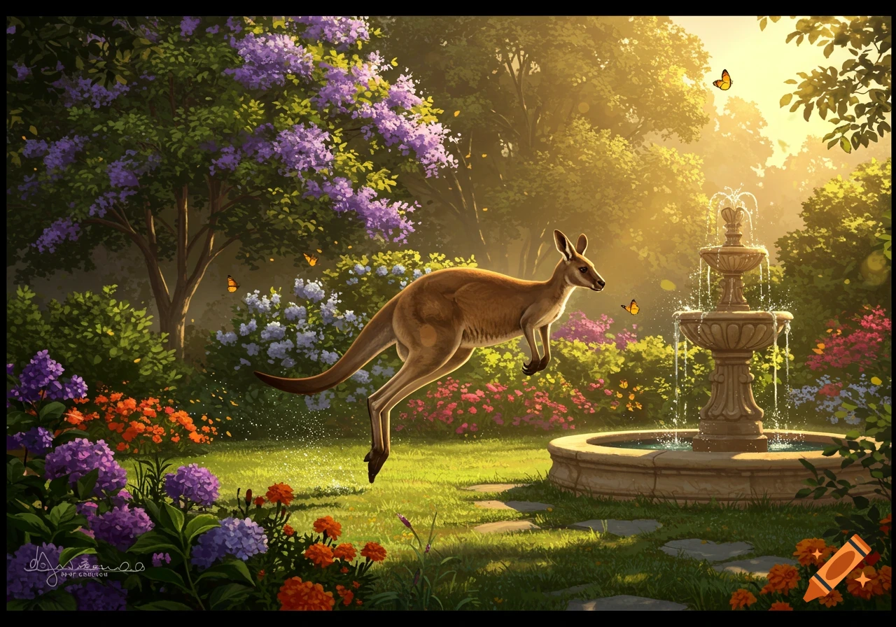 A brown kangaroo leaps over green grass in a sunlit garden filled with purple and orange flowers and a stone fountain.