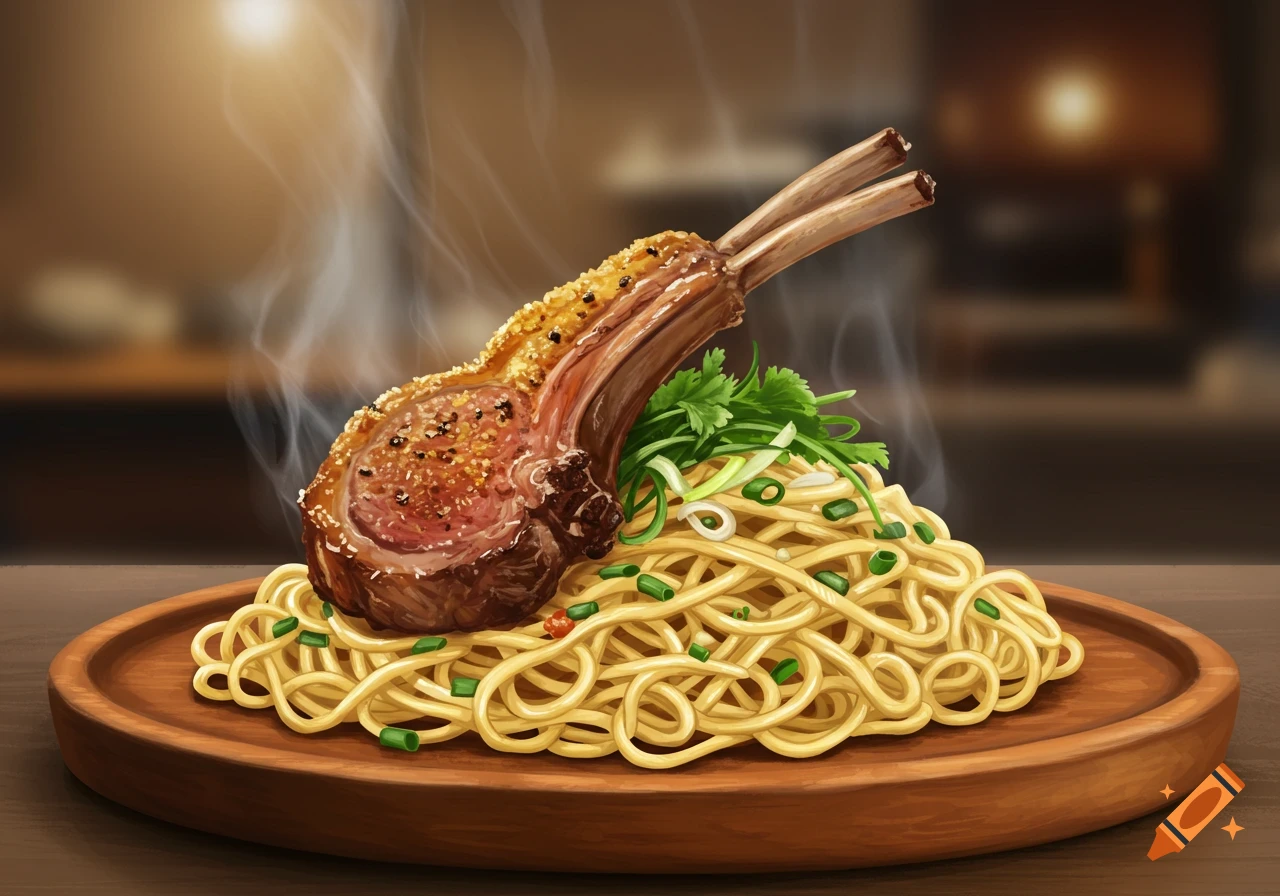 Illustrative close-up of a steaming lamb chop with herbs on a bed of noodles on a wooden plate.