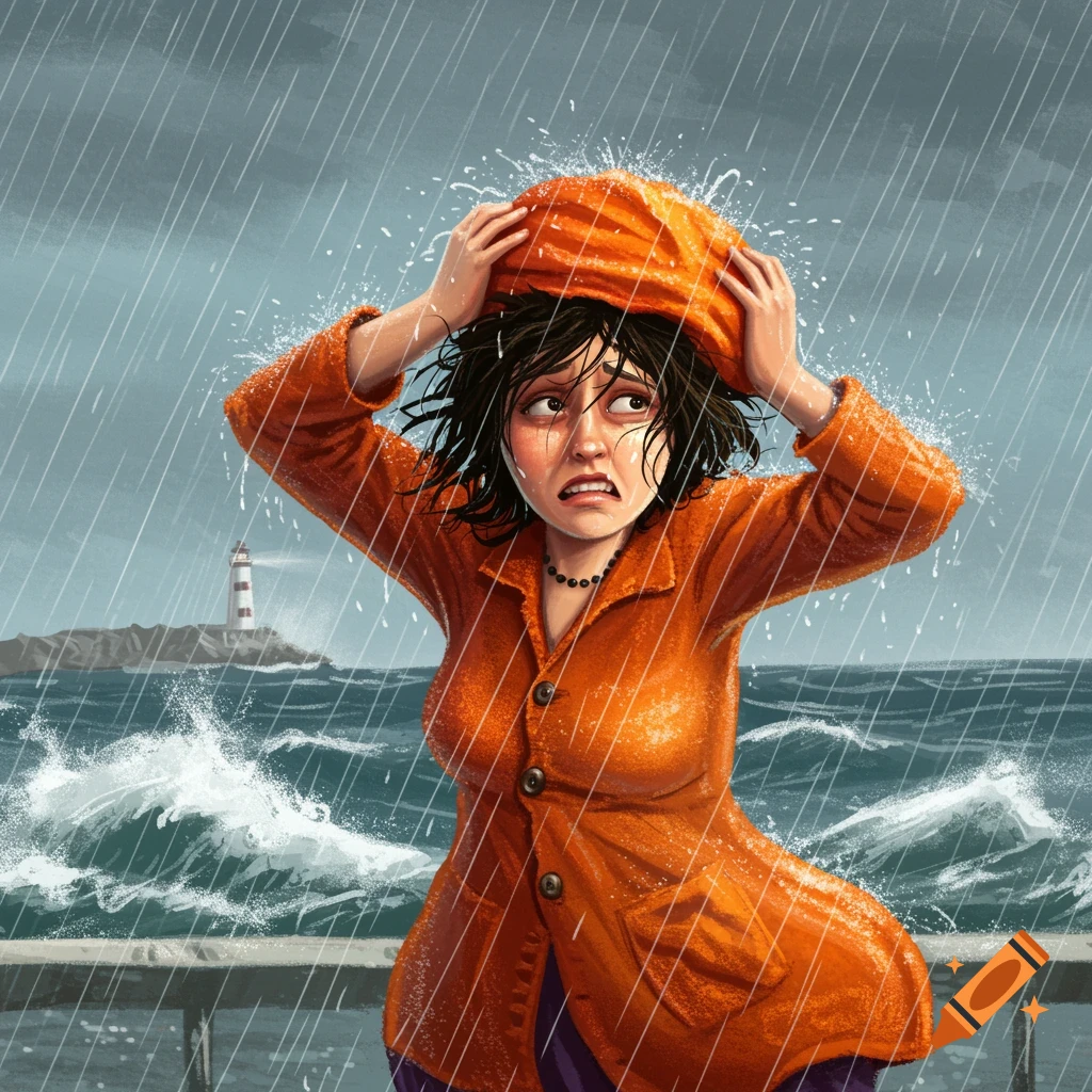 An illustration of a woman in an orange coat, overwhelmed and drenched by pouring rain on a stormy seafront, with a lighthouse in the background.