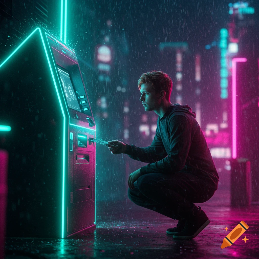 A man crouches in the rain, inserting a card into a neon-lit ATM in a futuristic cyberpunk city at night.