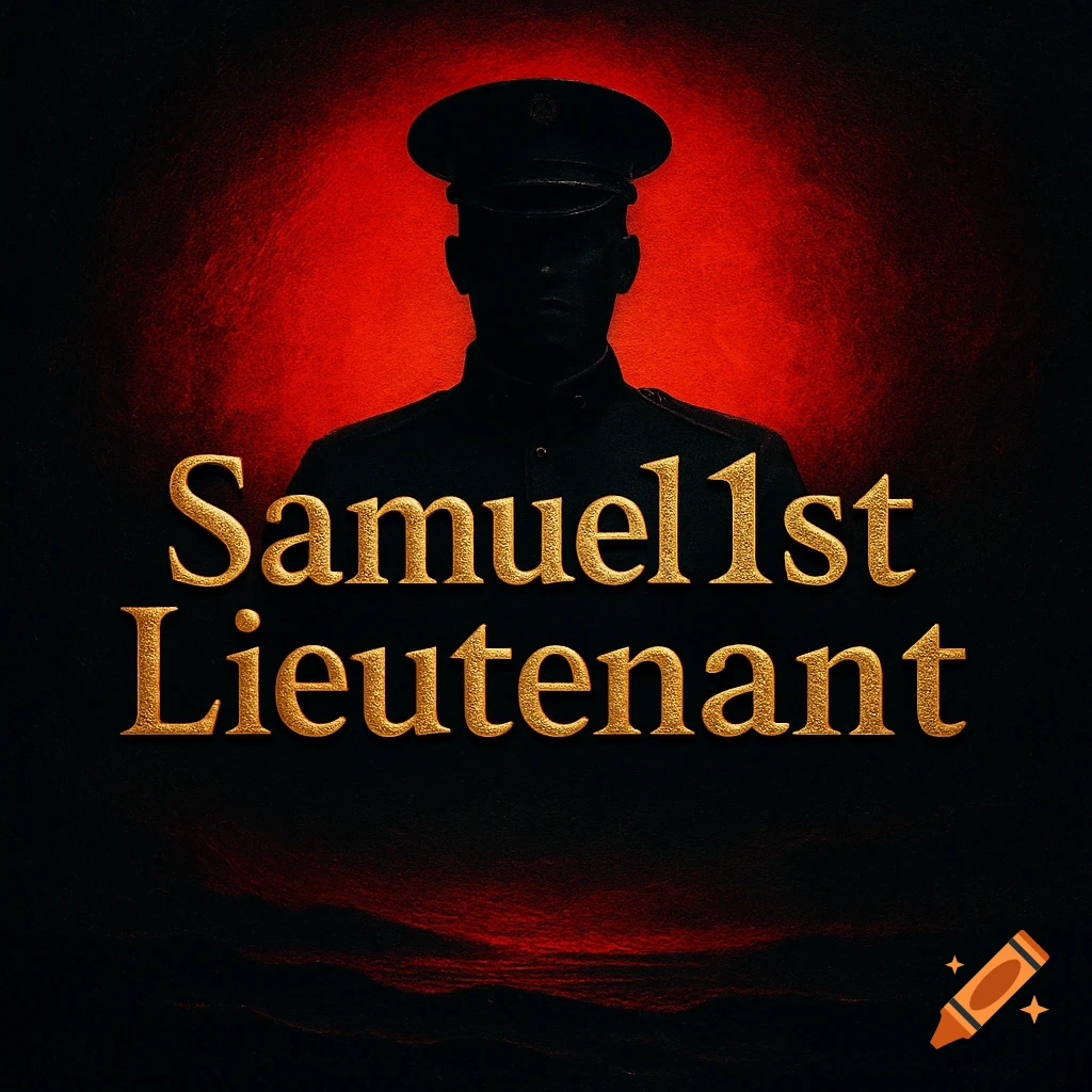 Dark silhouette of a military officer against a red and black background with golden textured text "Samuel 1st Lieutenant".