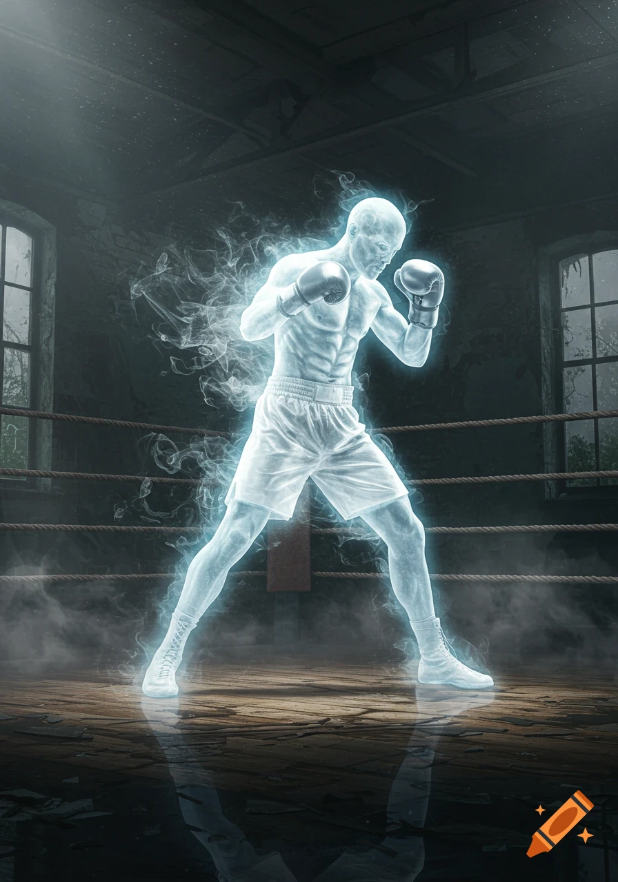 A luminous, phantom-like boxer stands in a boxing stance inside a dusty, dilapidated boxing ring.