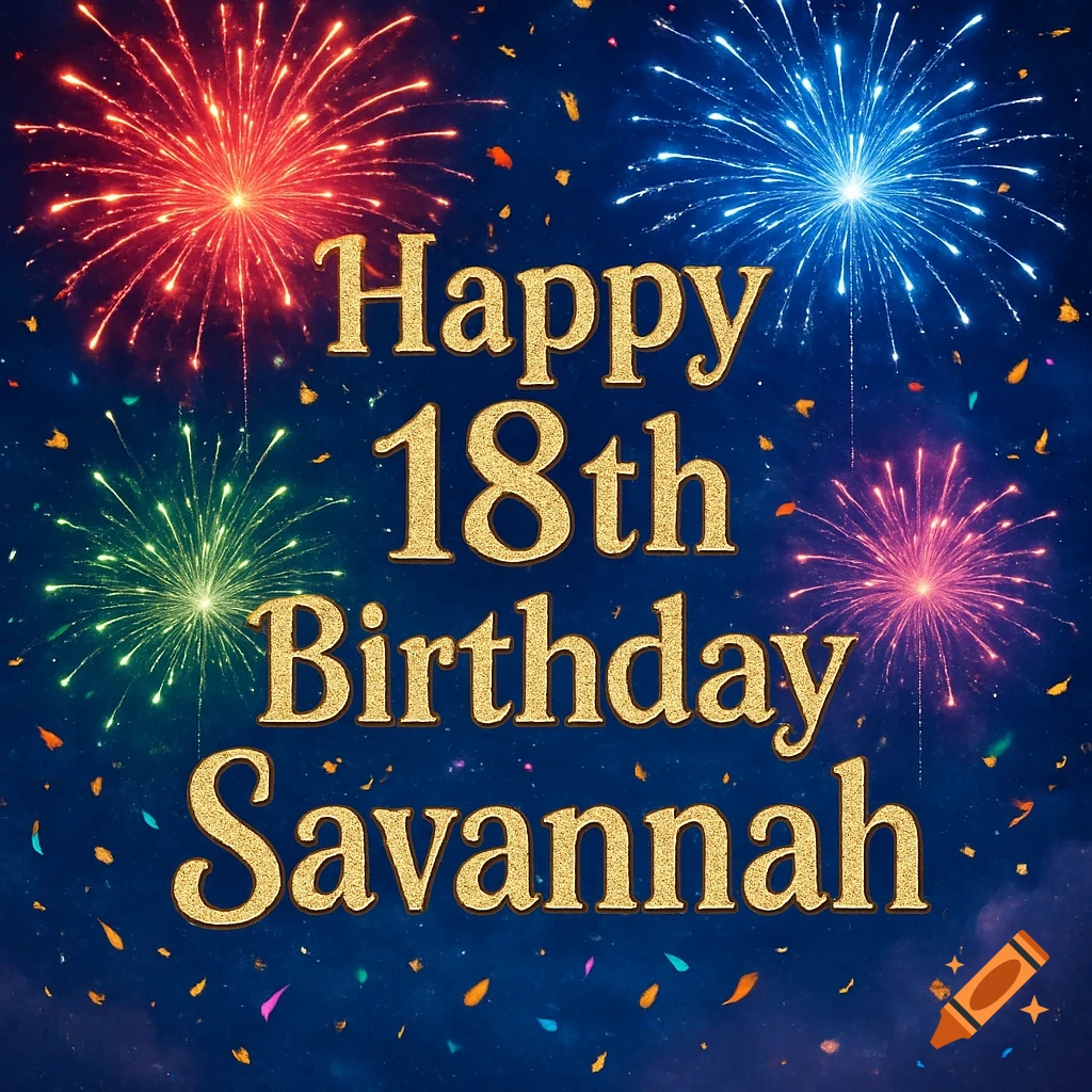 Golden text "Happy 18th Birthday Savannah" against a dark blue sky with colorful fireworks and confetti bursts.