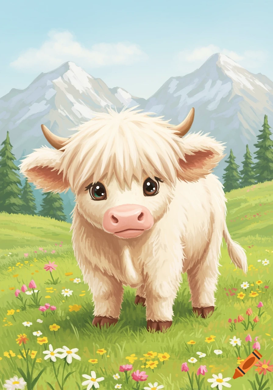 A cute, fluffy white cartoon highland cow in a wildflower meadow with mountains.