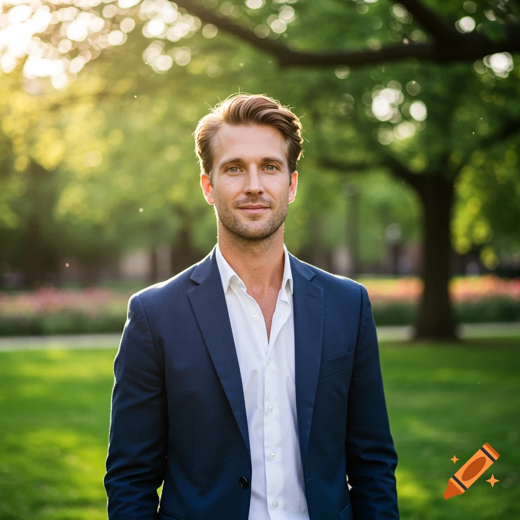 A handsome man with blonde hair and green eyes in a dark blue suit and white shirt, smiling in a sunny park.