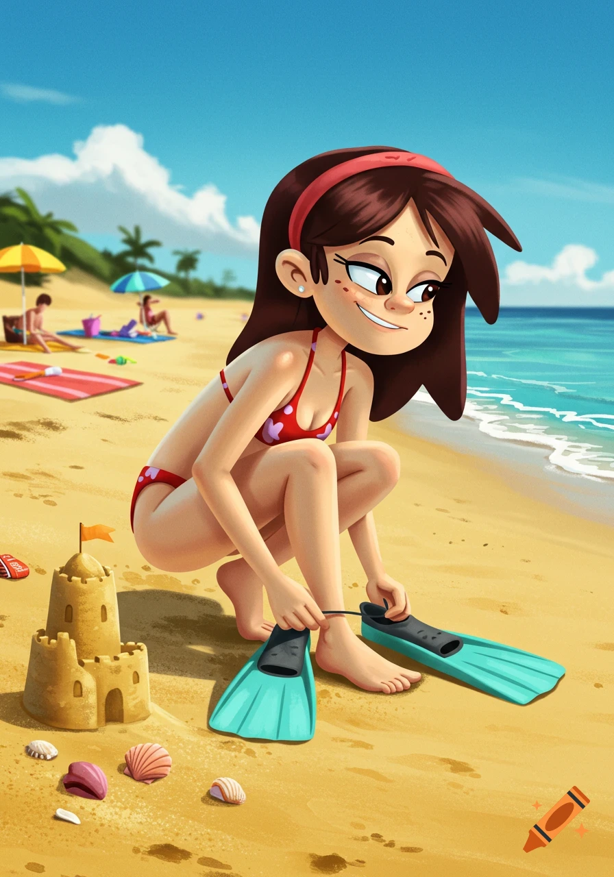 A smiling cartoon girl in a red polka-dot bikini puts on teal flippers on a sunny beach with a sandcastle.