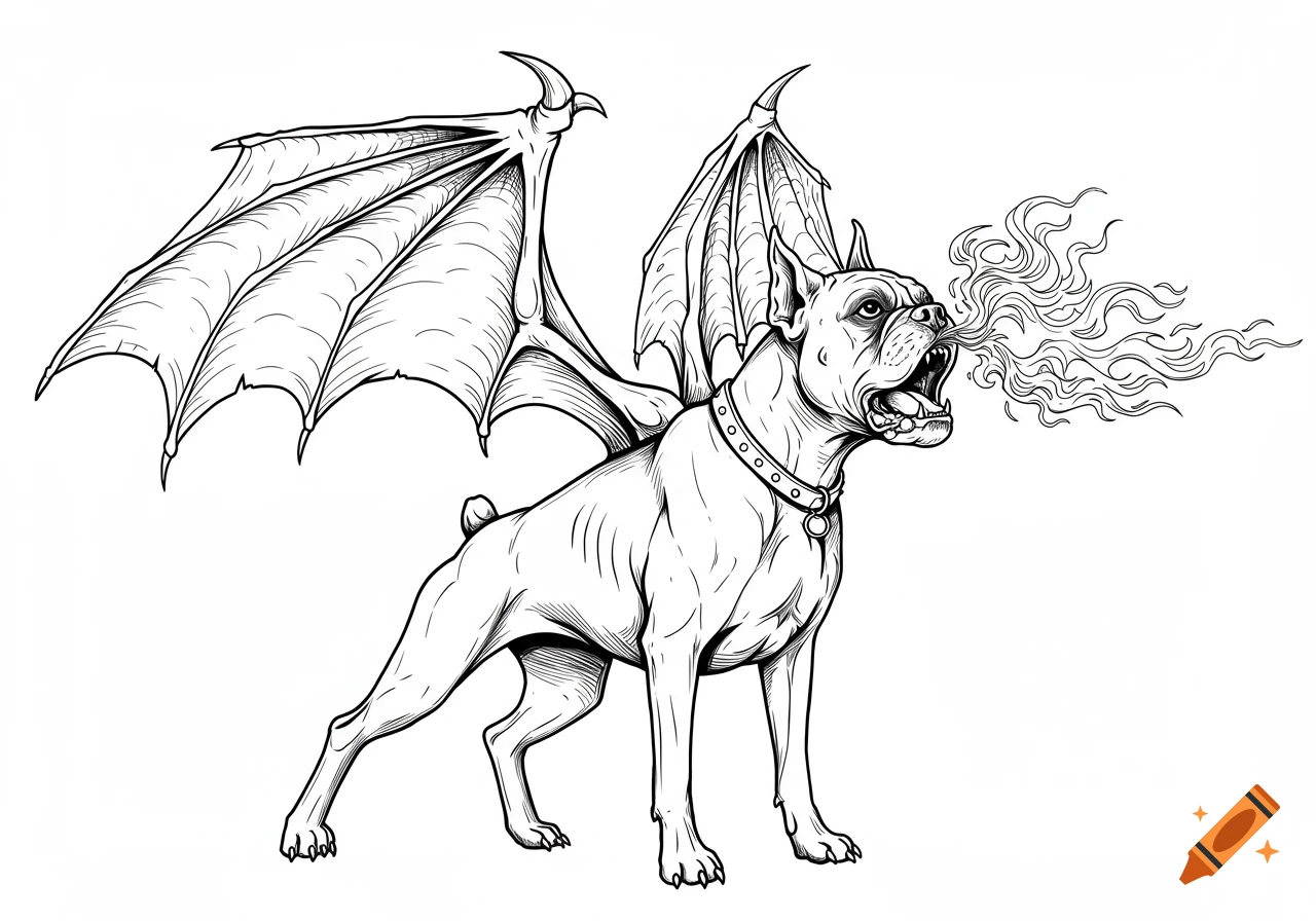 Line drawing of a boxer dog with dragon wings breathing fire.