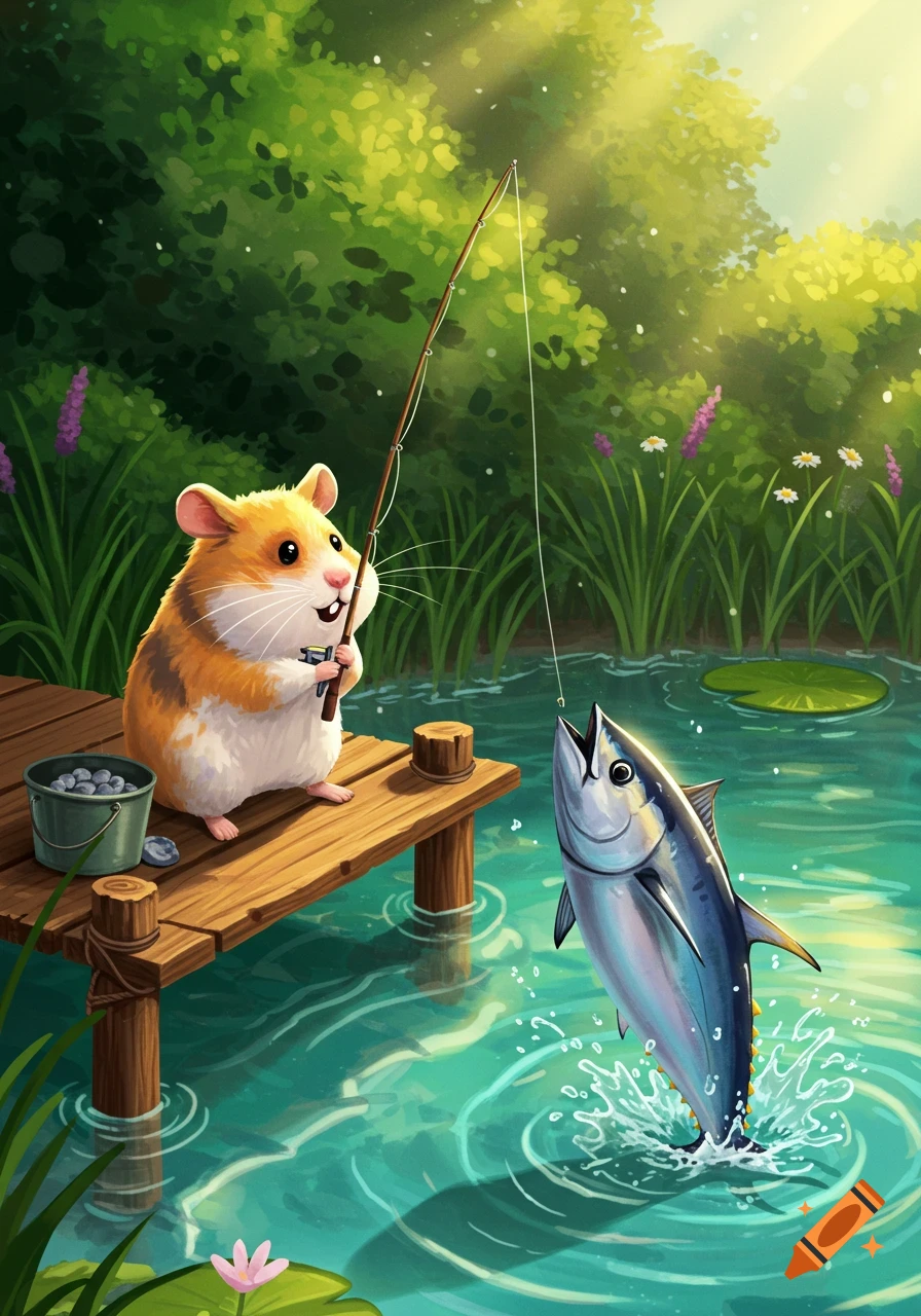 A cute cartoon hamster sits on a wooden dock, excitedly pulling a fishing rod as a large tuna leaps out of the water.
