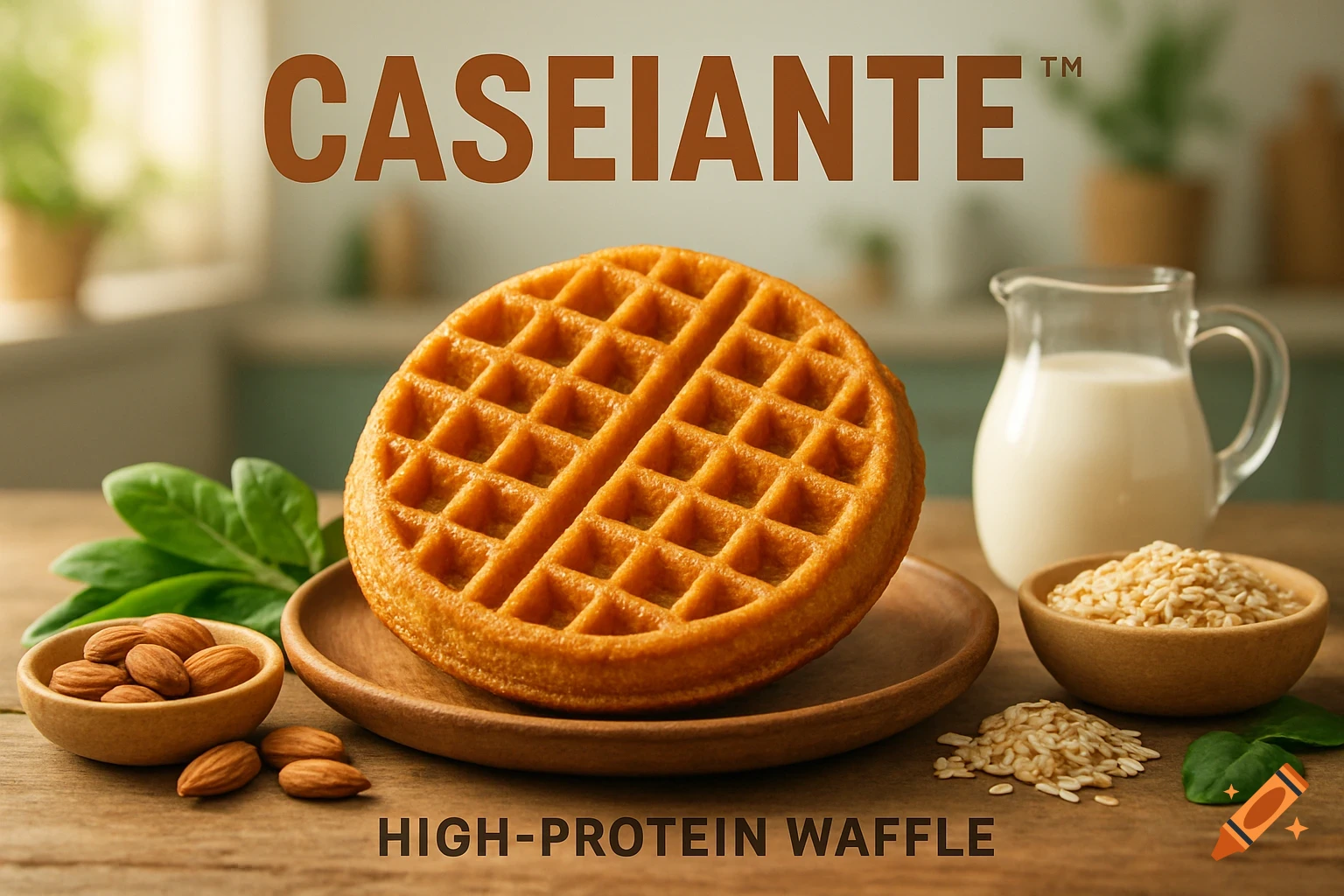 A photorealistic image of a high-protein waffle on a wooden plate, accompanied by bowls of almonds and oats, and a pitcher of milk.