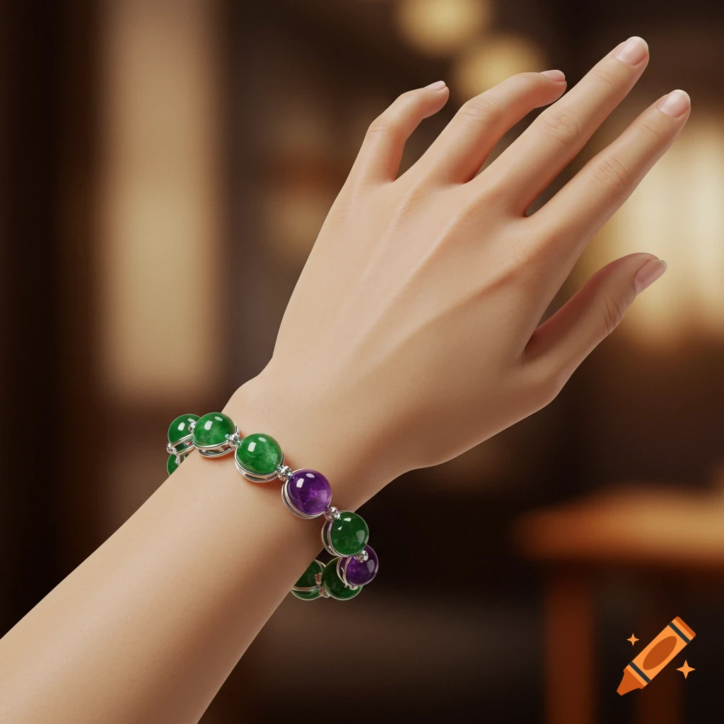 Close-up of a hand wearing a bracelet with polished green and purple gemstones set in silver.