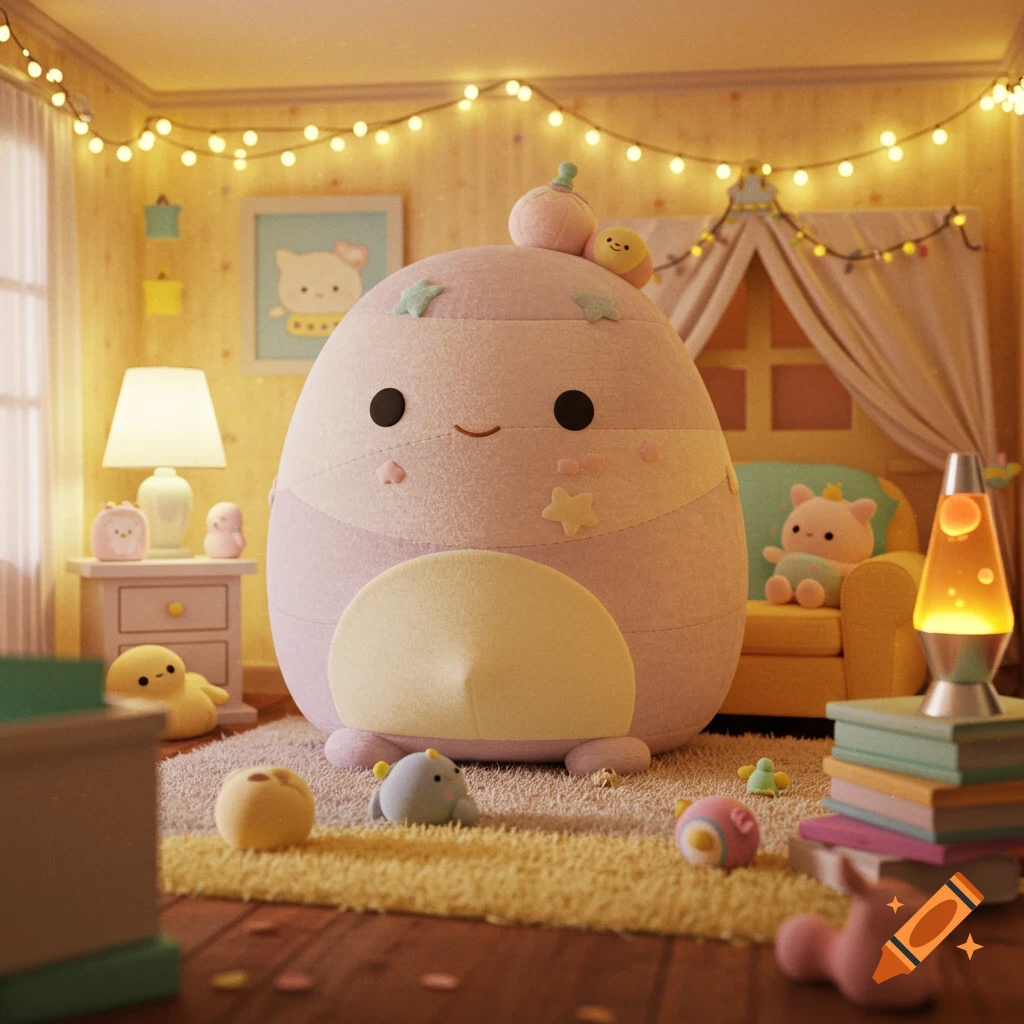 A large, friendly-looking, soft plush toy sits on a rug in a cozy room lit by string lights, surrounded by smaller toys and a lava lamp.