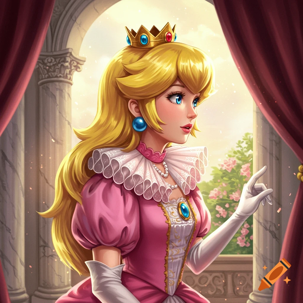Princess Peach in a pink dress, crown, and large ruffled collar, pointing from a balcony with red curtains and stone pillars.