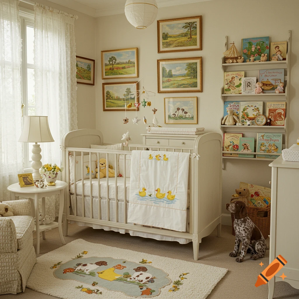 A cozy vintage baby boy nursery features a white crib with duck-themed bedding, a dog sitting on a rug with animal designs, bookshelves filled with children's books, and landscape paintings on the wall. A lamp and a small table are next to the crib.