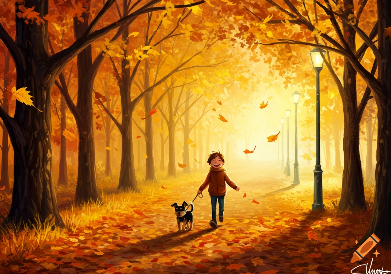 A cartoon-style illustration of a happy child walking a dog on a leash through an autumn forest path filled with golden leaves and light.