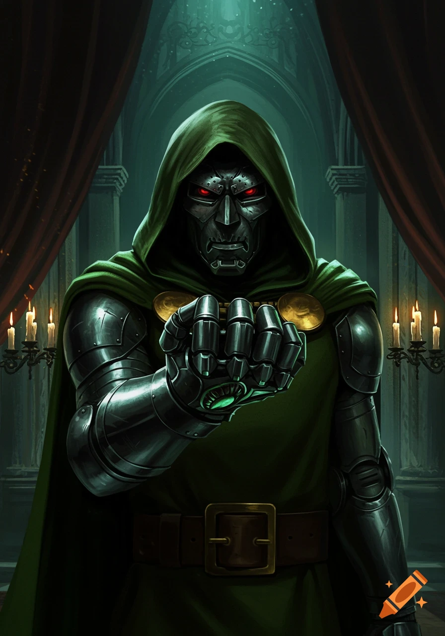 A dark, dramatic illustration of Doctor Doom wearing his signature metal mask and green hooded cloak, holding out a gauntleted hand with a glowing green gem in a dimly lit, gothic hall with candles.