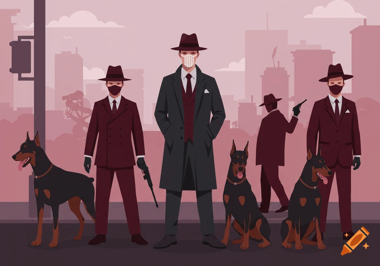 Flat vector illustration of masked men in suits with Doberman dogs and guns on a city street.